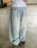 [unisex] Kirn side folding washed light blue balloon wide denim pants