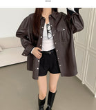 Tantan Chic Pocket Button Loose Fit Leather Jacket