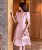 Rosea Heart Neck Puff Tweed Flare One Piece