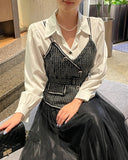Nello Tweed Bustier Puff Blouse (Belt Set)