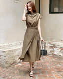Foven Cowl Neck Wrinkle Banding Wrap Long One Piece