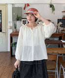 Mopel Shirring Round Long Sleeve Blouse