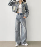 Crop Denim Jacket High Wide Jeans Set Two-Piece