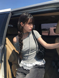 Bulk lace one-off strap short sleeve T-shirt