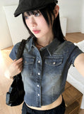 Markle pocket slim washed denim cropped short-sleeved shirt
