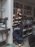 lettering denim wide banding pants