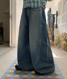 Koiten side pin tuck washing wide denim pants