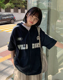 Naoki color matching lettering over short sleeve hood zip-up