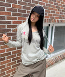 Dir Lettering Print Color Matching Strap Long Sleeve Hood T-Shirt
