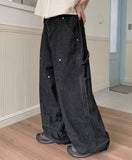 [unisex] Puati Carpenter Rivet Banding Waist Wide Denim Pants