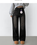 Basic Wide Fit Washing Banding Span Heated Fabric Brushed Denim Pants