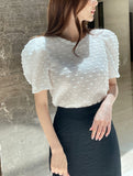 Bullet-Dot Wrinkle Jacquard Puff Sleeve Tee-Blouse