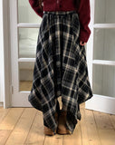 Looping wool unbalanced long check layered skirt