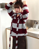 [Muffler SET] Phu Stripe Color Matching V-Neck Loose Fit Long Sleeve Long Knit