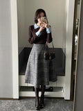 Eble Herringbone Check Flare Wool Skirt