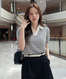 Heden Open Collar Stripe Puff Short Sleeve T-shirt