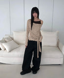 Bimu rib strap sleeveless layered off-shoulder long sleeve T-shirt