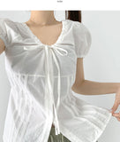 Balloon Soft Fit Ribbon Strap Short Sleeve Blouse