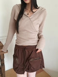 Bennett Dotto Snap Button Ribbed Hood Wrap Long Sleeve Knit