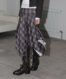 Beolin Check Folding Unbalanced Flare Midi Skirt