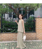 Linen Sleeveless Banding Long Wide Two-Piece Set Vacation Look Summer Outfit