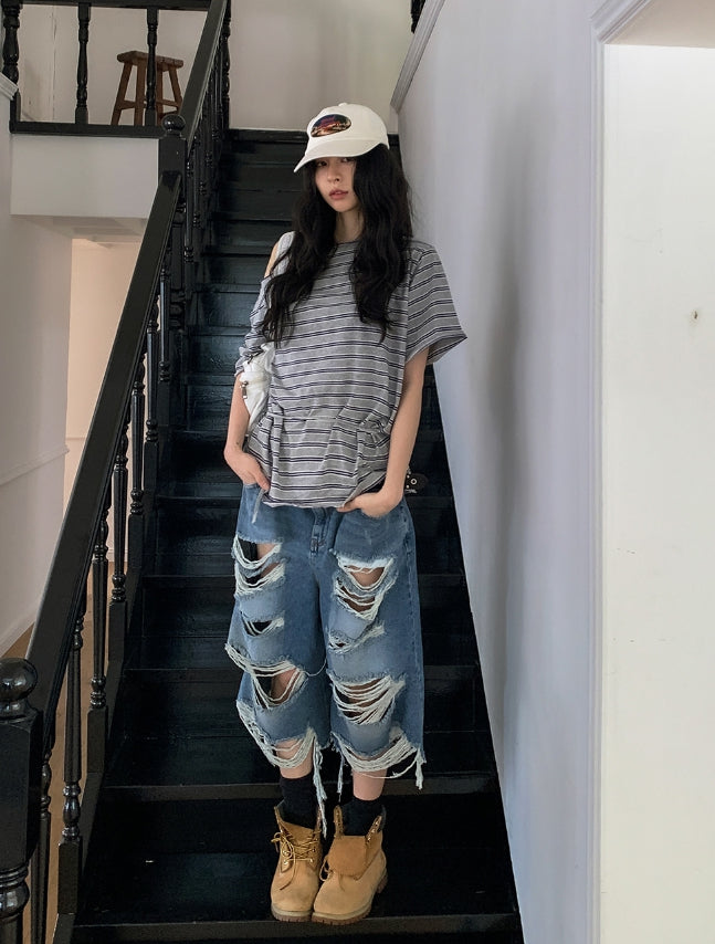 【U LAN】Chif Vintage Damage Bermuda Denim Pants U LAN (ユーラン) - チーフビンテージダメージバミューダデニム