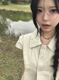 Lambs Button Collar Shirred Puff Blouse Shirt