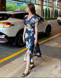 Valia V-neck Flower Span Slit One Piece