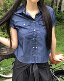 Siyu slim fit raw denim pocket short sleeve shirt