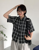 Wook Check Shirring Strap Wrinkle Crop Short Sleeve Shirt