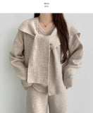 Shawl V-Neck Knit Long Wide Banding Pants Three Piece Wool Two Piece Set