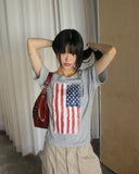 Det Vintage American Flag Printing One-Off-Shoulder Short Sleeve T-Shirt