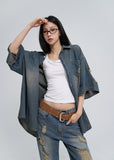 Sia damage washed denim short-sleeved shirt