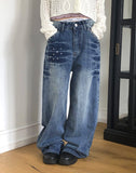 Boa Stud Eyelet Pocket Wide Fit Washed Denim Long Pants