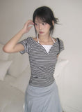 Isho Fake Layered Halter Stripe Button Short Sleeve T-shirt