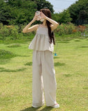 Striped flare string sleeveless wide banding pants two-piece