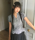 Pique Check V-Neck Shirring Puff Short Sleeve Blouse