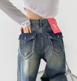 Back Point Pocket Washing Wide Fit Denim Pants