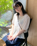 Myuo dot ribbon shirring short sleeve blouse