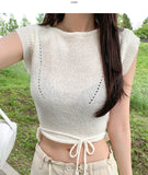 Punching Strap Ribbon Point Crop Short Sleeve Knit