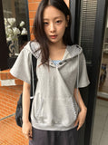 Hakanji Check Color Matching Button Hood Short Sleeve Tee