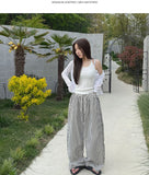 Stripe Loose Fit Folding Wide Banding Seersucker Pants