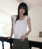 Punning Smoke Banding Pintuck Lace Short Sleeve Blouse