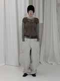 Checkered shirring knit layered long sleeve set