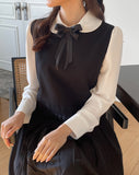 [Ribbon Brooch Set] Zenia Collar Shirred Blouse