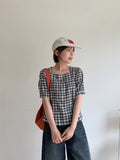 Igets Square Neck Check Short Sleeve Blouse