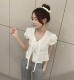 Petite Tie Puff Sleeve Crop Short Sleeve Blouse