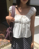 Hana Lace Ribbon Puff Sleeveless Short Sleeve Blouse