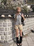 Chori Small Check Shirring Pintuck Puff Short Sleeve Shirt