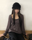 GL Flower Button Shirred Square Long Sleeve T-shirt